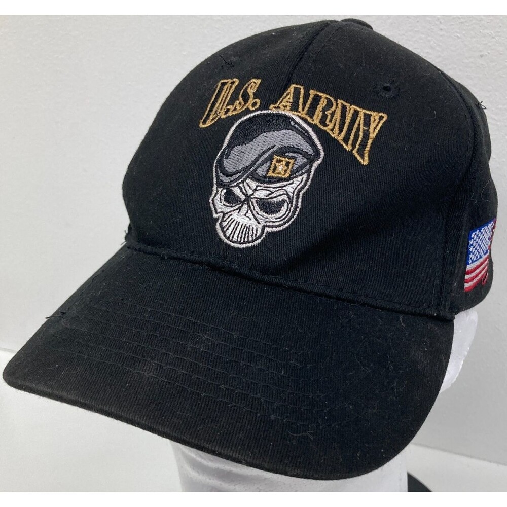 U.S. ARMY SPECIAL FORCES SKULL BLACK ARMY EMBROIDERED MILITARY HAT CAP w/ FLAG